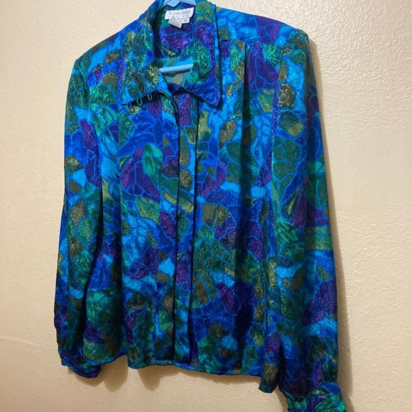 Vintage EJ Harper Women's Geometric Floral Long Sleeve Satin Top Size 10 - Picture 2 of 6